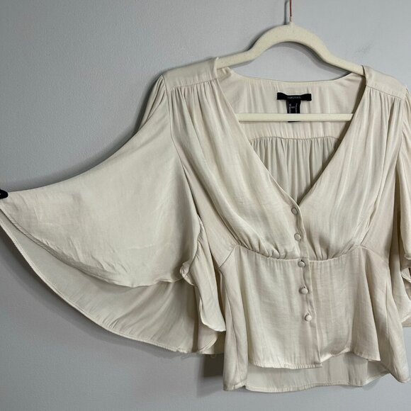 Forever 21 Cream Champagne Faux Satin Button Down V-Neck Blouse Size Small - Picture 3 of 7